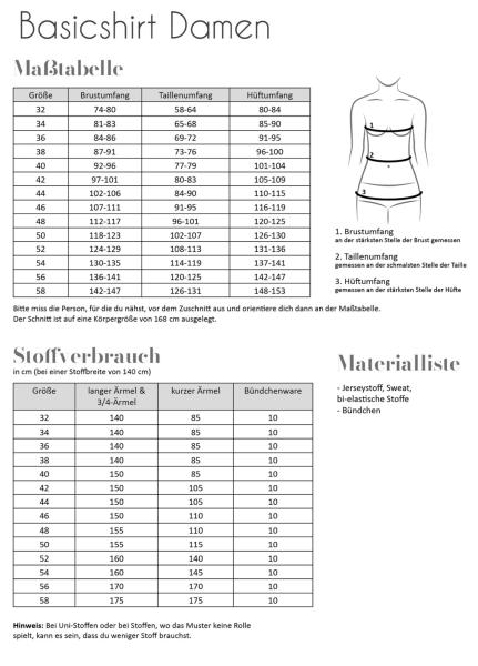 Mastabelle und Stoffverbrauch Papierschnittmuster - Basicshirt Damen